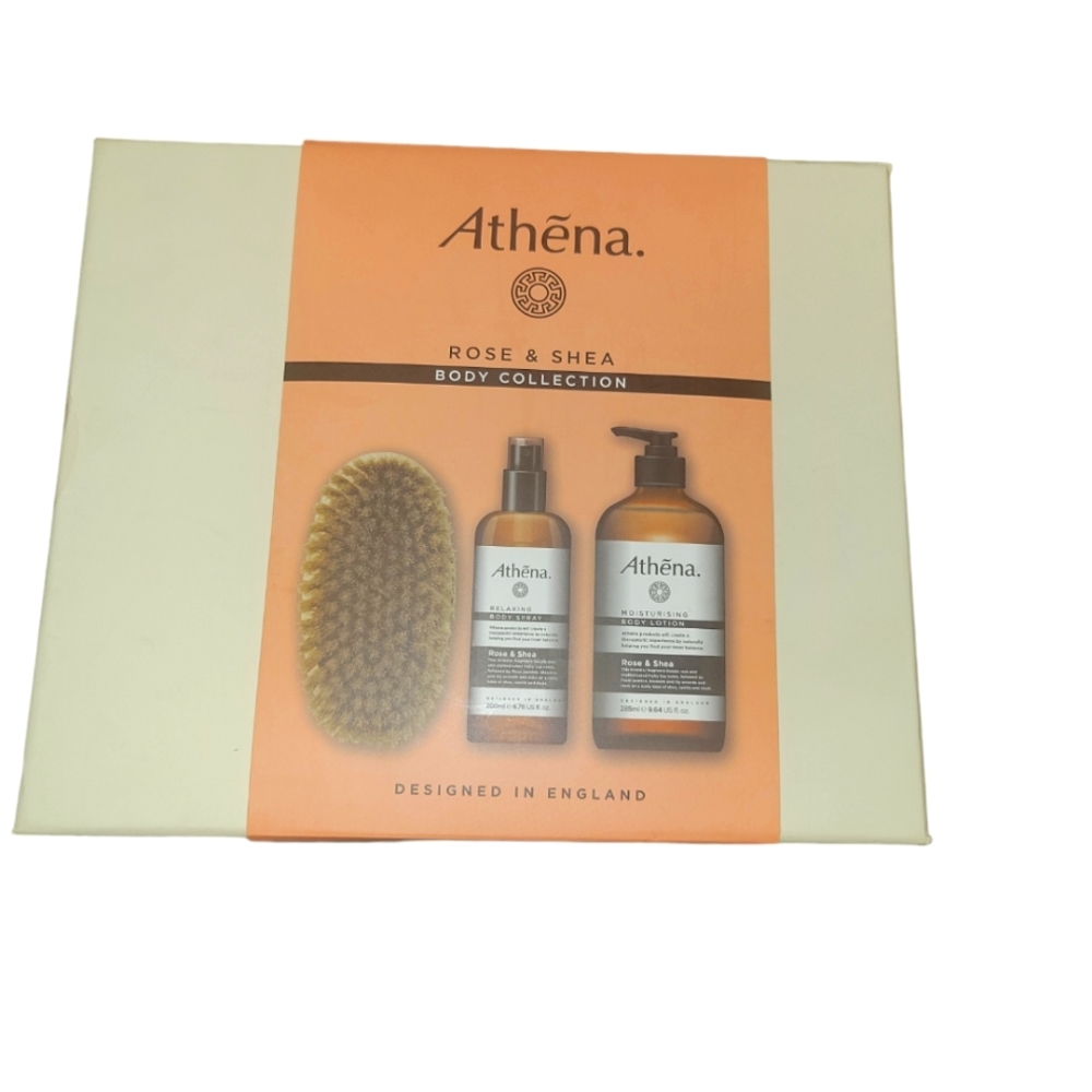 Athena Rose & Shea Body Collection Set Relaxing Body Spray Body Lotion Dry Brush